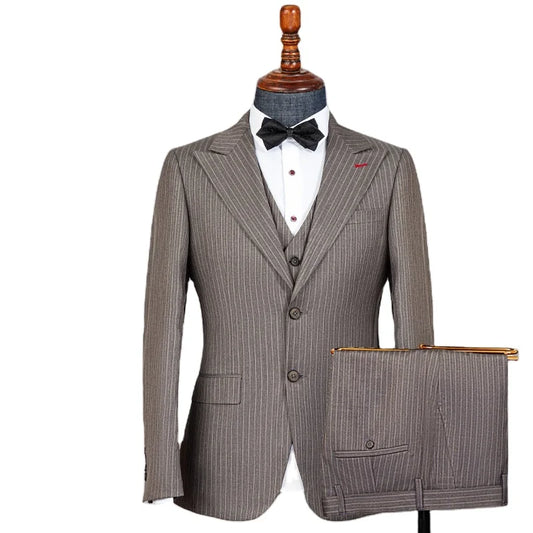 Men's Elegant Khaki Striped 3-Piece Suit - High-End Casual Professional Business Suit Set - BOC-WEAR