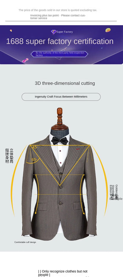 Men's Elegant Khaki Striped Three-Piece Suit High-End Casual Professional Style Adults Flat Front - BOC-WEAR