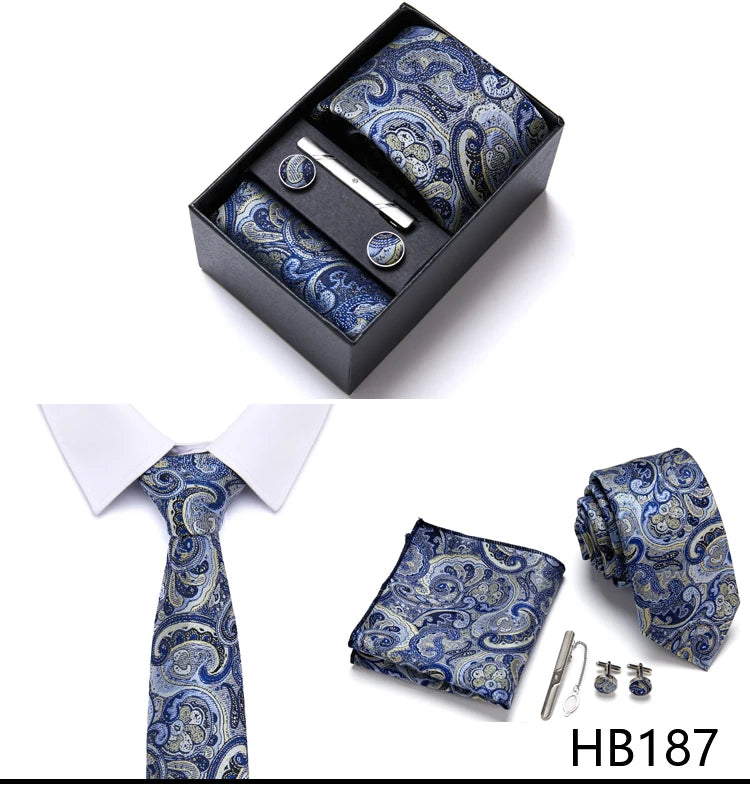 Top Grade Holiday Gift Box 7.5 cm Green Print Tie Pocket Squares Cufflink Set Gravatas Man Suit Accessories Fit Formal Party - BOC-WEAR