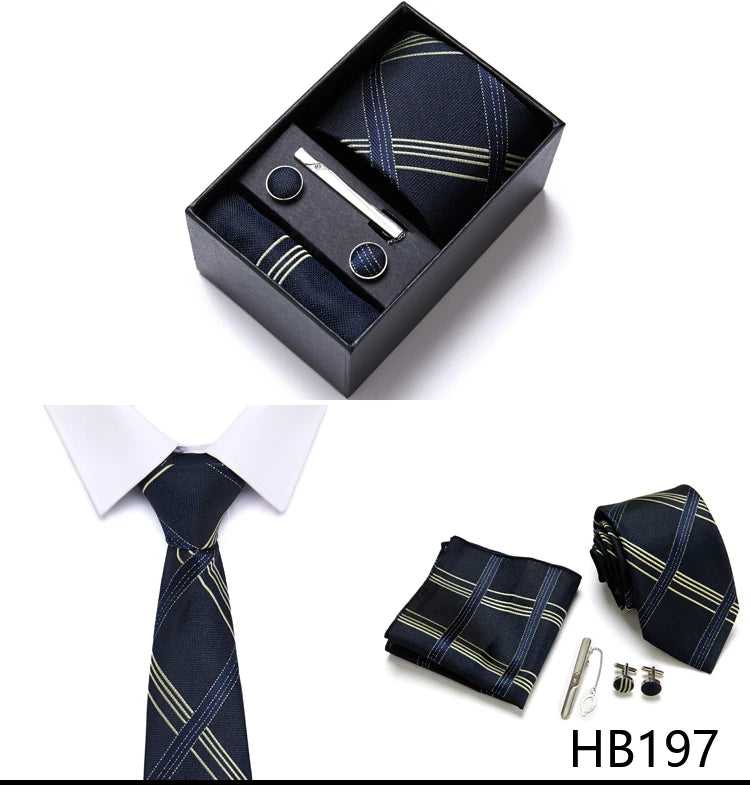 Top Grade Holiday Gift Box 7.5 cm Green Print Tie Pocket Squares Cufflink Set Gravatas Man Suit Accessories Fit Formal Party - BOC-WEAR