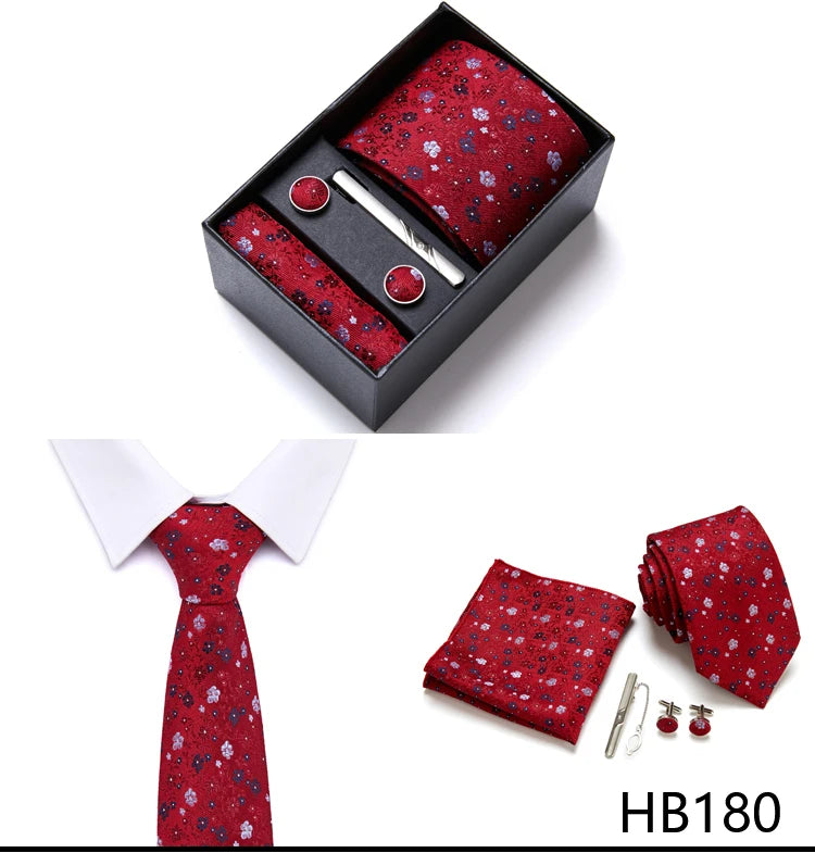 Top Grade Holiday Gift Box 7.5 cm Green Print Tie Pocket Squares Cufflink Set Gravatas Man Suit Accessories Fit Formal Party - BOC-WEAR