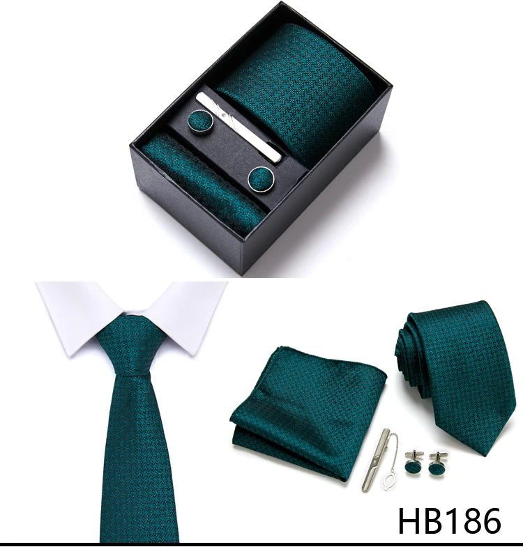 Top Grade Holiday Gift Box 7.5 cm Green Print Tie Pocket Squares Cufflink Set Gravatas Man Suit Accessories Fit Formal Party - BOC-WEAR