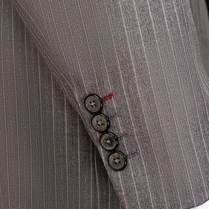 Men's Elegant Khaki Striped Three-Piece Suit High-End Casual Professional Style Adults Flat Front - BOC-WEAR