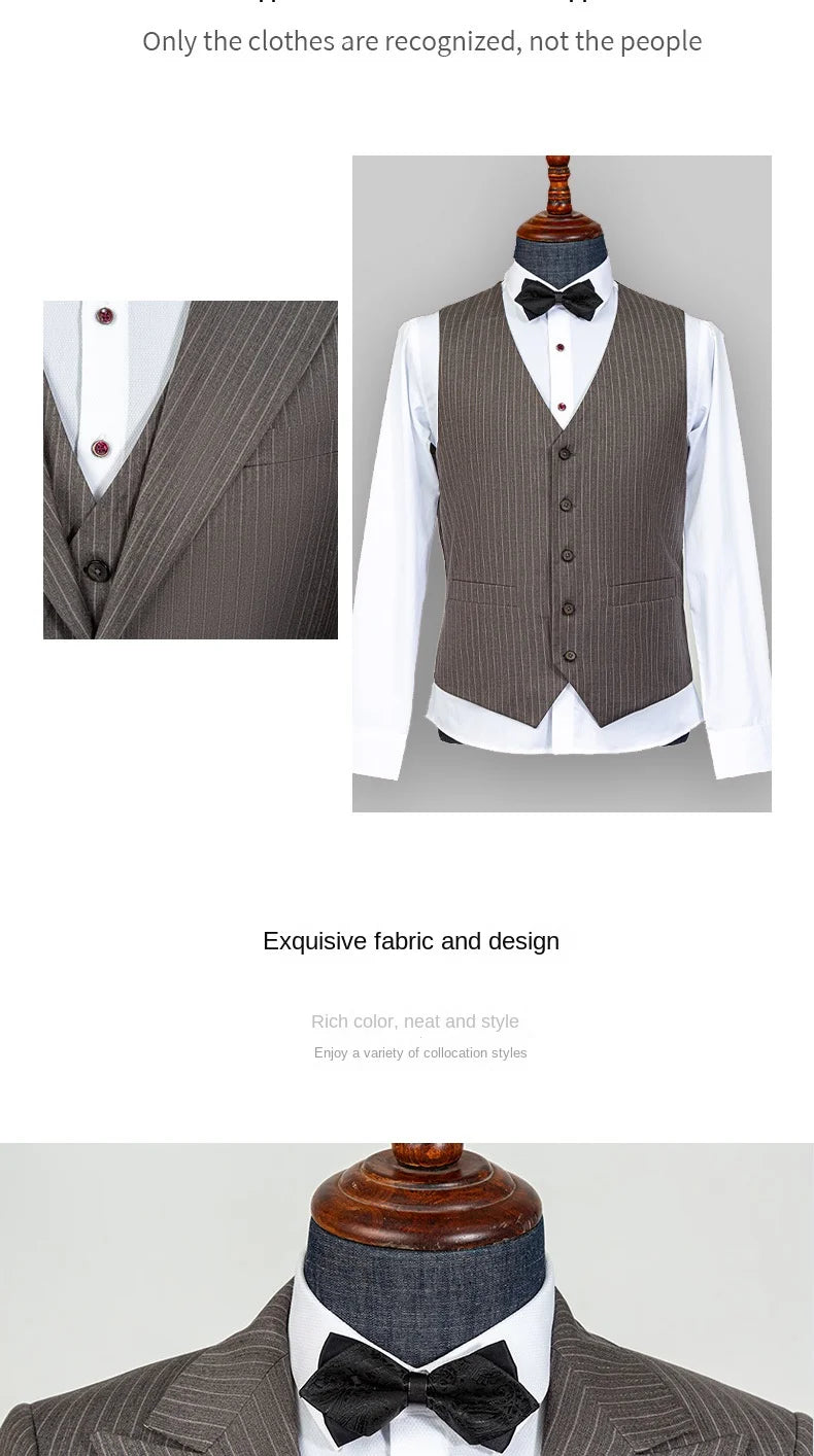 Men's Elegant Khaki Striped Three-Piece Suit High-End Casual Professional Style Adults Flat Front - BOC-WEAR