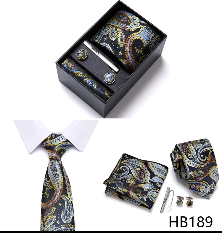 Top Grade Holiday Gift Box 7.5 cm Green Print Tie Pocket Squares Cufflink Set Gravatas Man Suit Accessories Fit Formal Party - BOC-WEAR