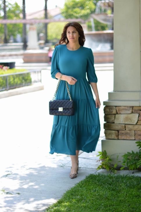 BOC-WEAR Marbella Teal Maxi Dress - Tiered Maxi Dress with 3/4 Sleeves - BOC-WEAR