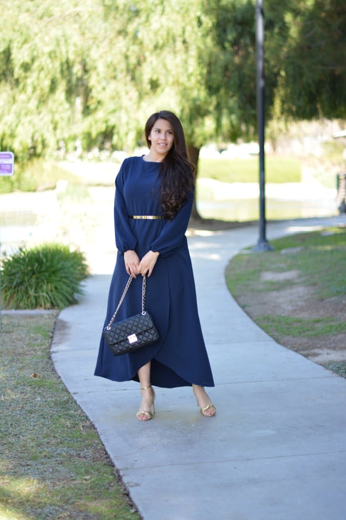 BOC-WEAR New Paris Navy Maxi Dress - Elegant Faux Wrap Dress for Church & Weddings - BOC-WEAR