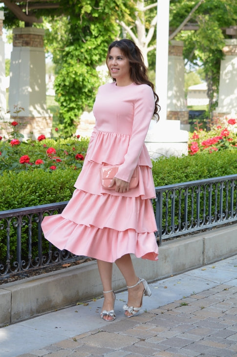 BOC-WEAR Amalfi Pink Ruffled Dress - Elegant Long Sleeve Dress for Special Occasions - BOC-WEAR