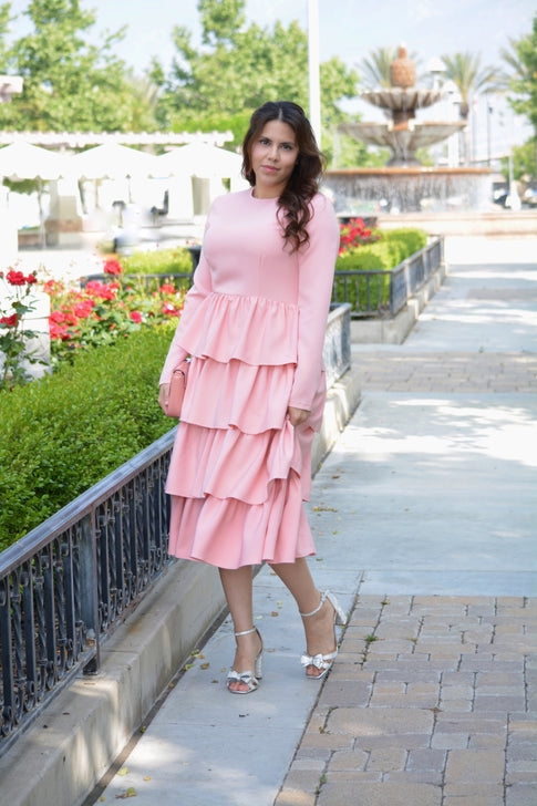 BOC-WEAR Amalfi Pink Ruffled Dress - Elegant Long Sleeve Dress for Special Occasions - BOC-WEAR