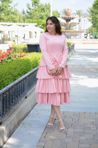 BOC-WEAR Amalfi Pink Ruffled Dress - Elegant Long Sleeve Dress for Special Occasions - BOC-WEAR