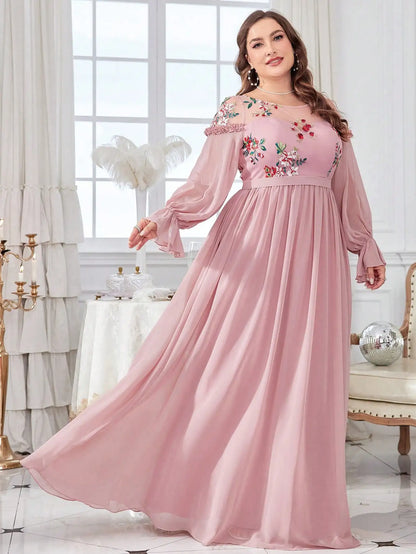 Plus Size Embroidered Chiffon Long Sleeve Dress