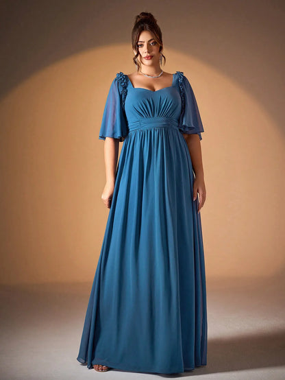 V-Neck Ruffled Pearl Chiffon Evening Dress