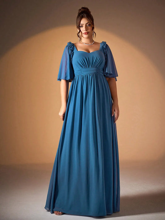 Mgiacy's new V-neck ruffled pleated pearl chiffon mid-sleeved wide-swing high-end evening dress