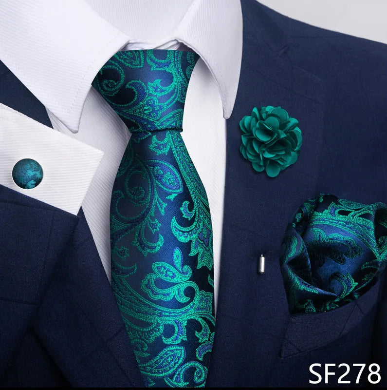 Luxury Men's Floral Tie Set - Black Gold Paisley Necktie with Pocket Square, Cufflinks & Brooch - BOC-WEAR