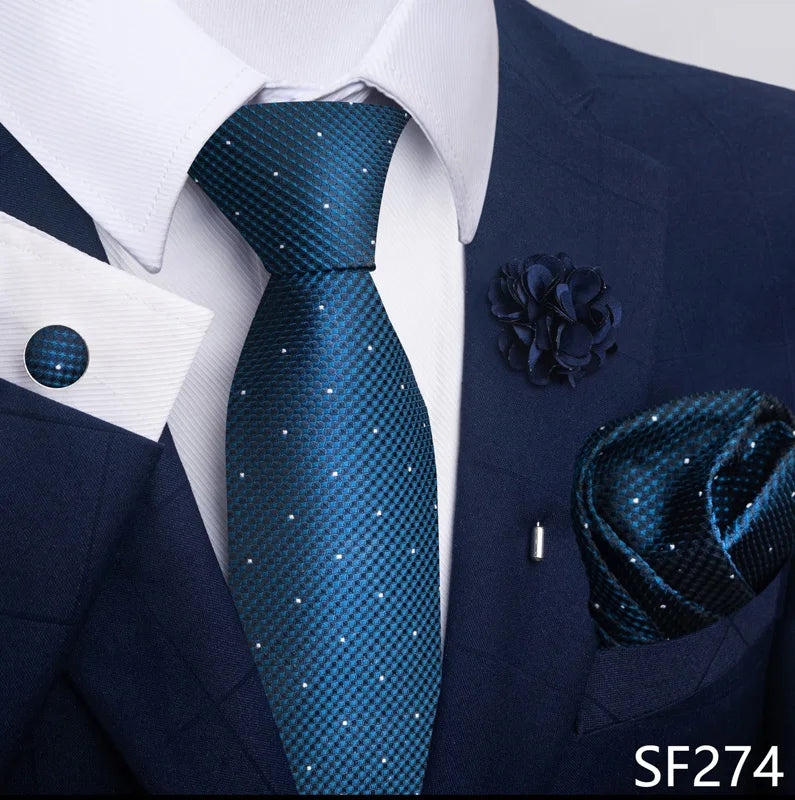 Luxury Men's Floral Tie Set - Black Gold Paisley Necktie with Pocket Square, Cufflinks & Brooch - BOC-WEAR