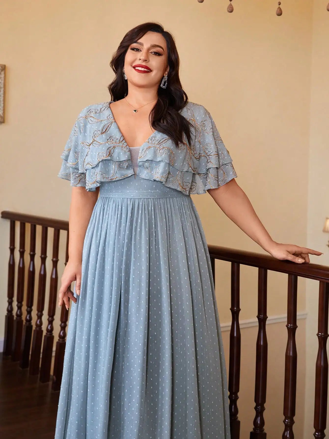 V-Neck Gold Embroidered Chiffon Maxi Dress