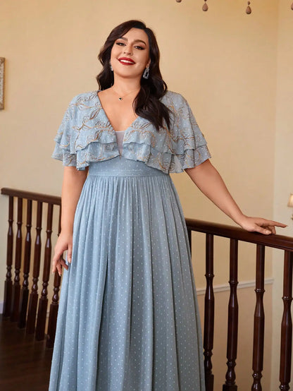 V-Neck Gold Embroidered Chiffon Maxi Dress