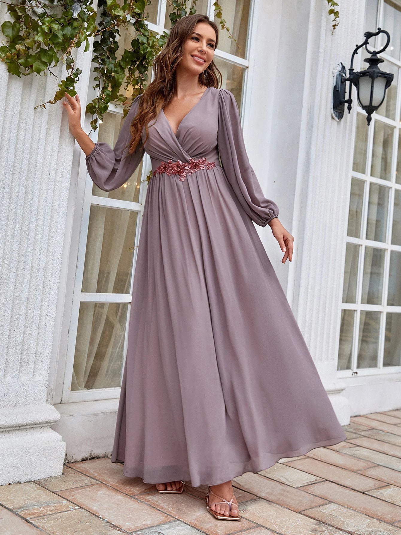 V-Neck Beaded Print Chiffon Maxi Dress