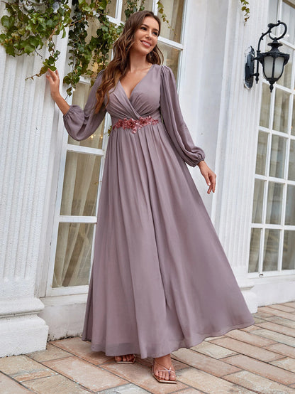 V-Neck Beaded Print Chiffon Maxi Dress