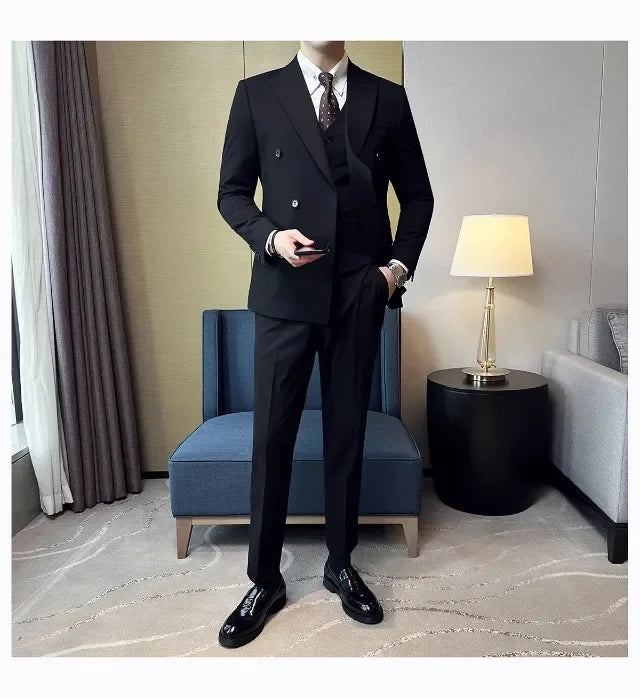 Men's Slim Fit Business Suit Set - Double Breasted Wedding Groom Suit with Pants | British Style - BOC-WEAR