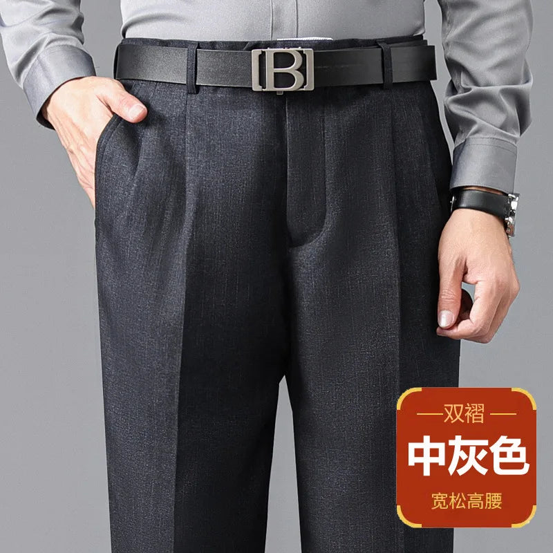 High Waist Suit Pants Men Autumn Thicken Double Pleated Straight Loose Formal Men Trousers High Quality Black Size 29-42 44 46