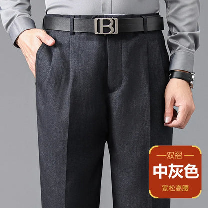 High Waist Suit Pants Men Autumn Thicken Double Pleated Straight Loose Formal Men Trousers High Quality Black Size 29-42 44 46