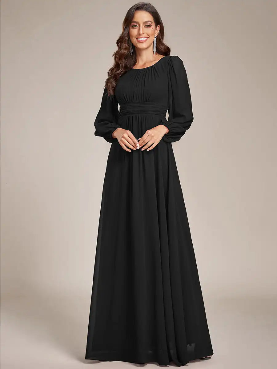 JAEL Classic Evening Dress - Round Neck A-Line Bridesmaid Dress with Lantern Sleeves