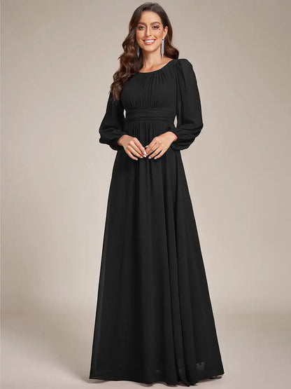 JAEL Classic Evening Dress - Round Neck A-Line Bridesmaid Dress with Lantern Sleeves