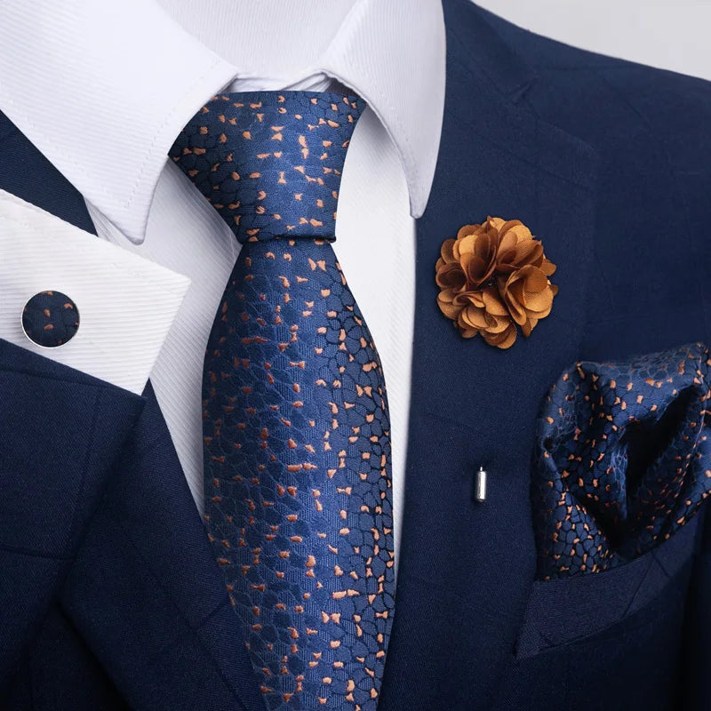 Luxury Men's Floral Tie Set - Black Gold Paisley Necktie with Pocket Square, Cufflinks & Brooch - BOC-WEAR