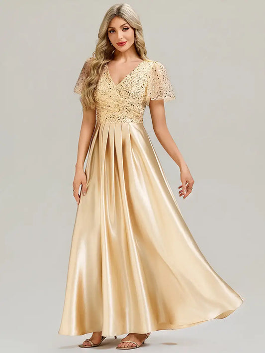 V-Neck Short Sleeve Evening Dress with Ruffle and Sheer Appliques