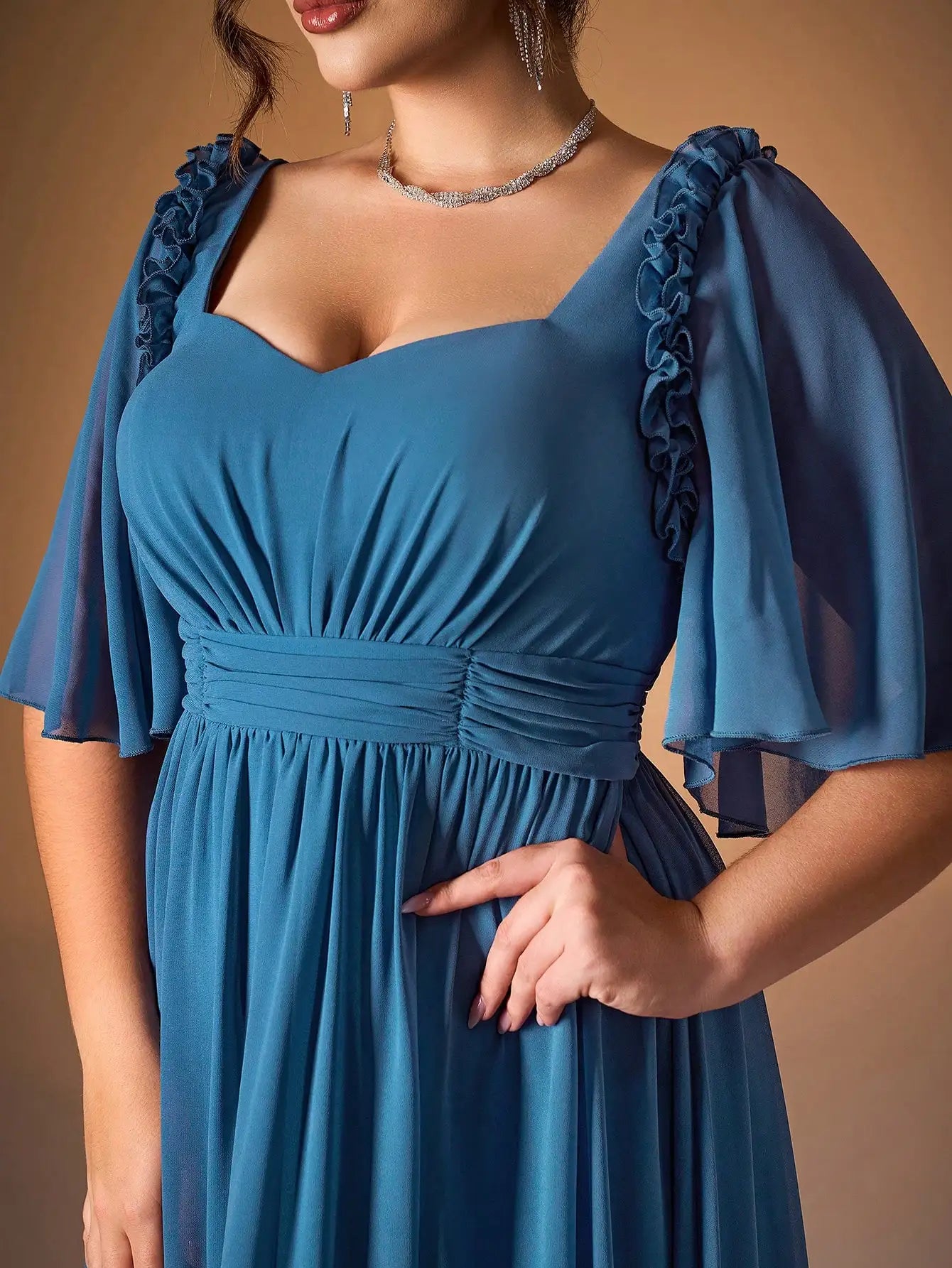 V-Neck Ruffled Pearl Chiffon Evening Dress