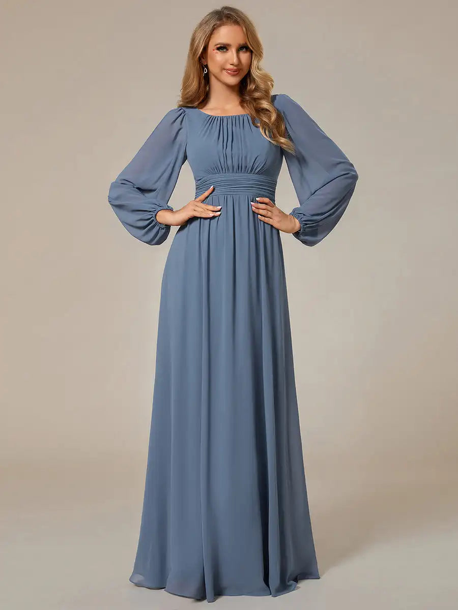 JAEL Classic Evening Dress - Round Neck A-Line Bridesmaid Dress with Lantern Sleeves