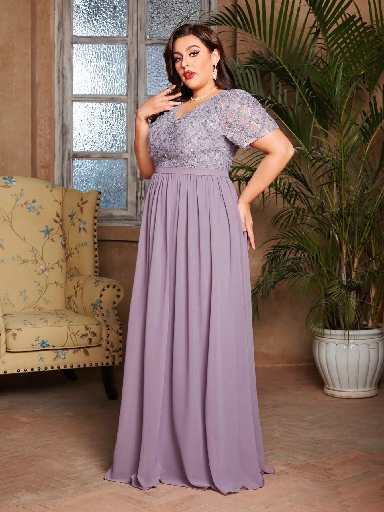 V-Neck Floral Chiffon Patchwork Dress