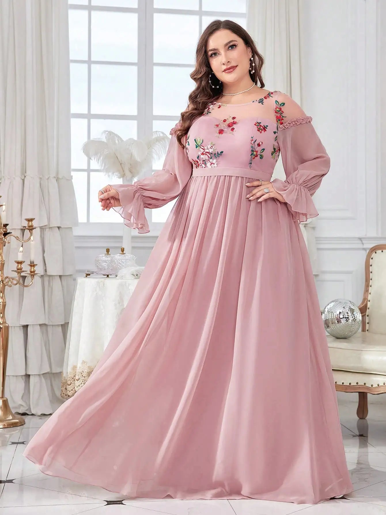 Plus Size Embroidered Chiffon Long Sleeve Dress