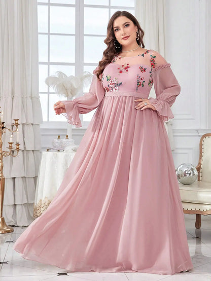 Plus Size Embroidered Chiffon Long Sleeve Dress