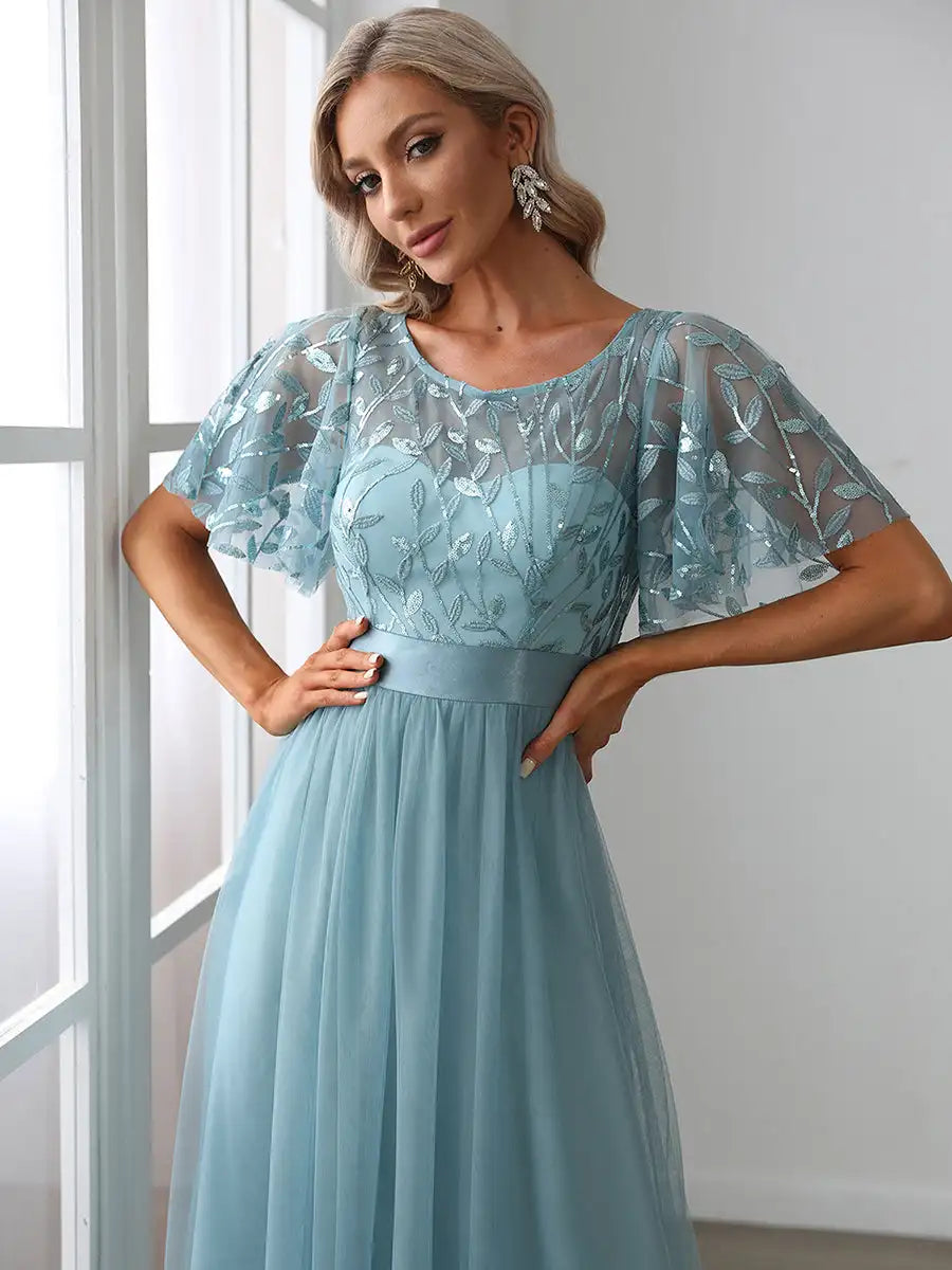 Round Neck Ruffle Sleeve Evening Gown