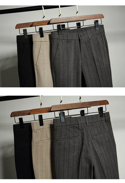 Autumn Winter Thickened Woolen Suit Pant High Quality Men Business Slim Striped Trousers Formal Wear Office Social Dress Pants