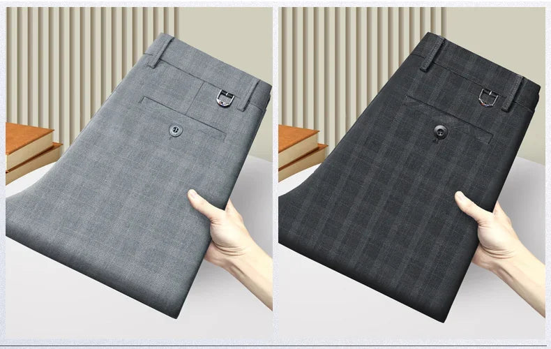 Autumn Winter Men's Plaid Striped Suit Pants Cotton Stretch Straight Business Casual High Quality Classic Fashion Trousers Male
