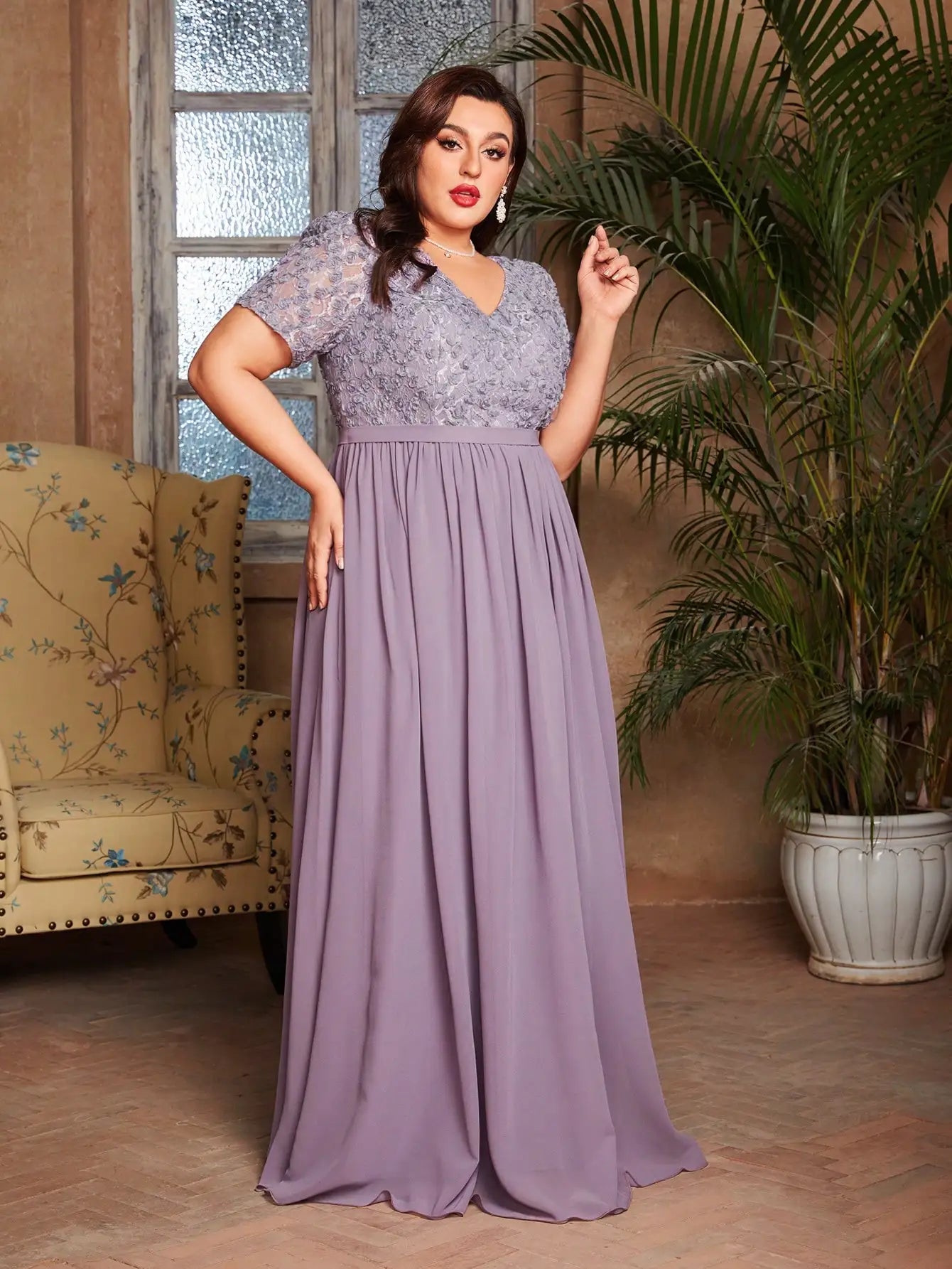 V-Neck Floral Chiffon Patchwork Dress