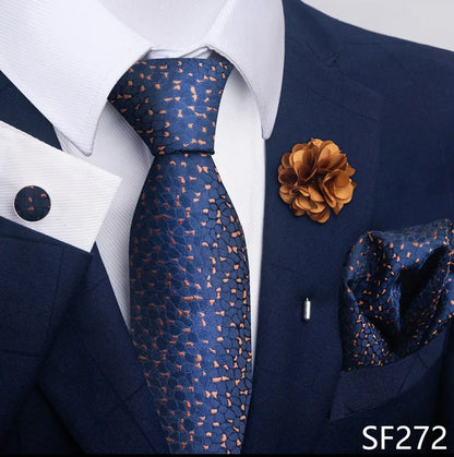 Luxury Men's Floral Tie Set - Black Gold Paisley Necktie with Pocket Square, Cufflinks & Brooch - BOC-WEAR