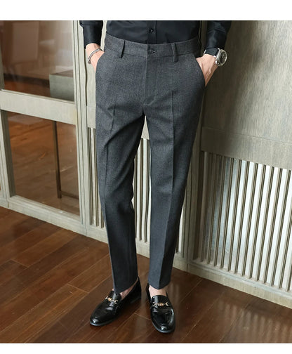 Autumn Winter New Woolen Suit Pants High Quality Striped Slim Fit Dress Pants Men's Formal Business Office Social Trousers