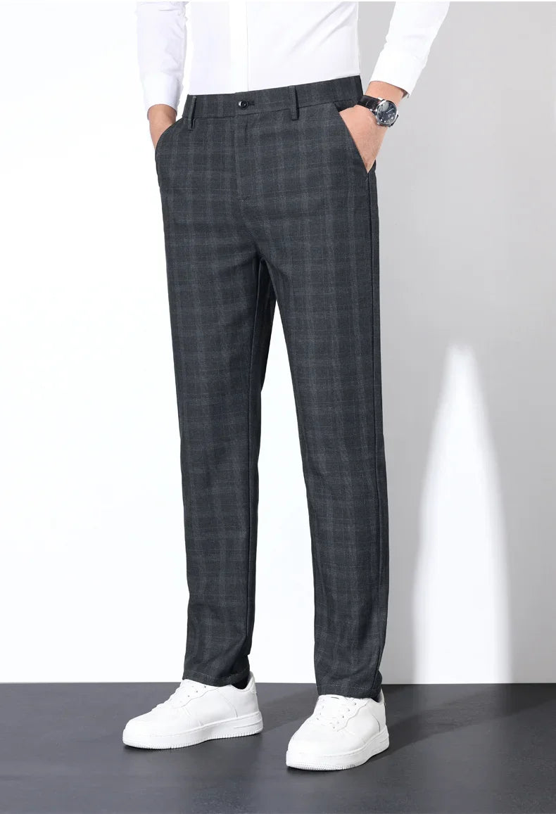 Autumn Winter Men's Plaid Striped Suit Pants Cotton Stretch Straight Business Casual High Quality Classic Fashion Trousers Male