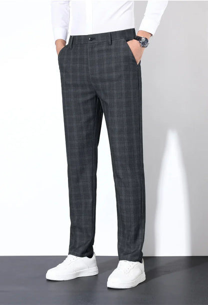 Autumn Winter Men's Plaid Striped Suit Pants Cotton Stretch Straight Business Casual High Quality Classic Fashion Trousers Male