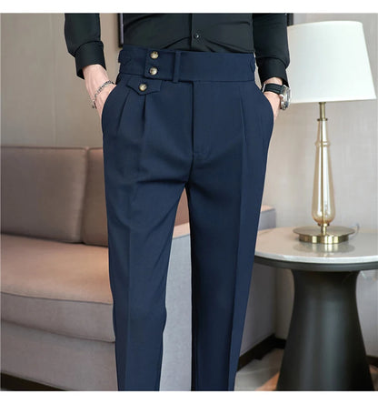 2025 Spring Autumn Men High Waist Belt Design Casual Slim Formal Dress Pant Men Social Office Wedding Party Dress Suit Pants