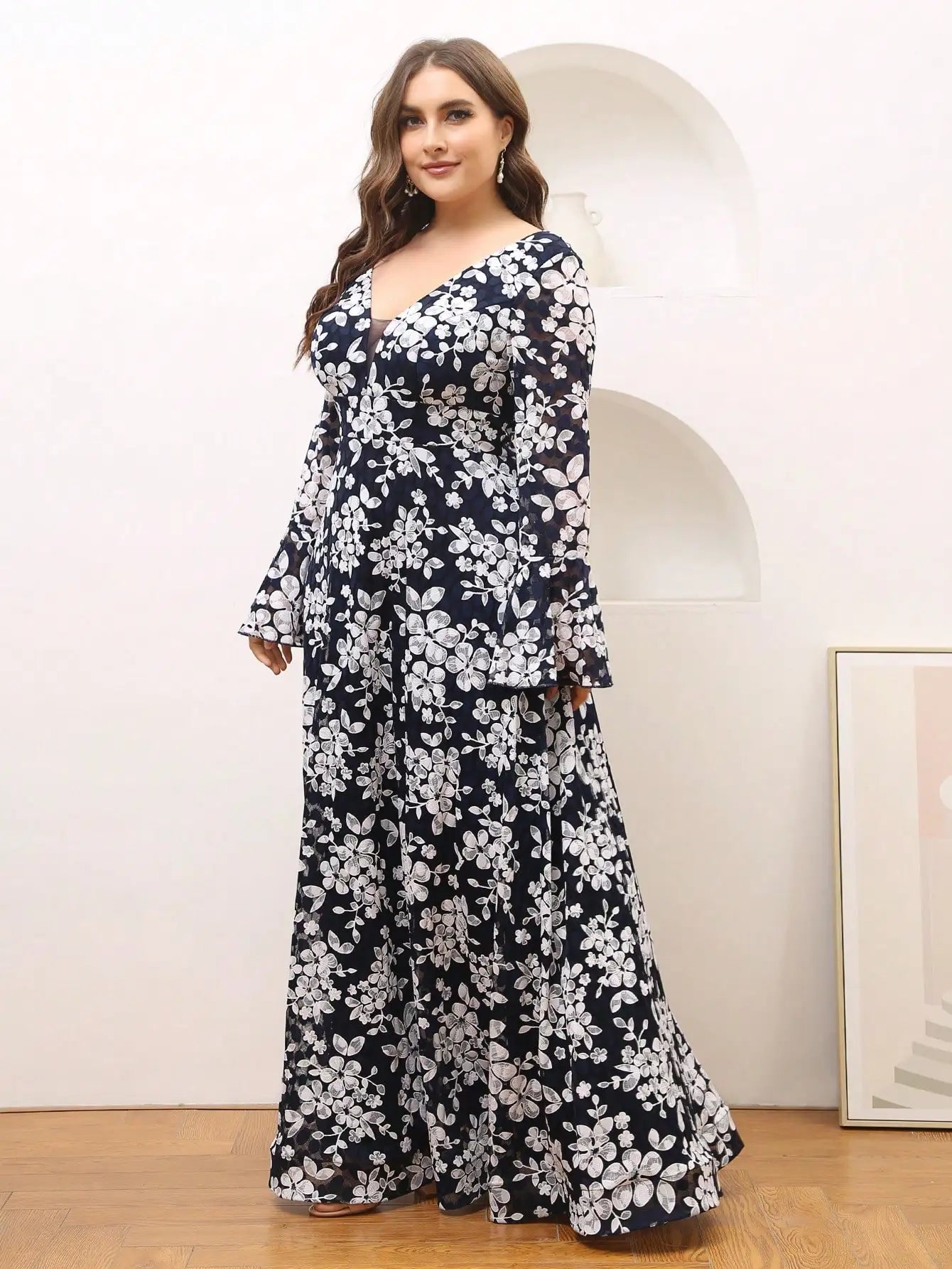 V-neck lace cherry blossom big flared sleeves A skirt