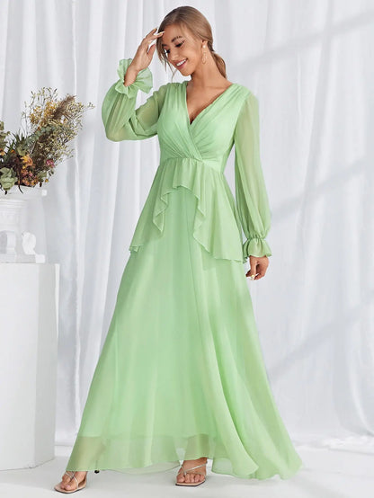 Mgiacy V-neck long sleeve chiffon pleated lace ruffled evening gown Ball dress Party dress Bridesmaid dress