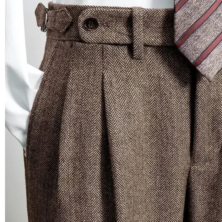 2025 Men's Autumn Winter Fashion High Waist Wool Trousers Male Tweed Casual Pockets Pants Men Long Straight Suit Pants