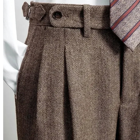 2025 Men's Autumn Winter Fashion High Waist Wool Trousers Male Tweed Casual Pockets Pants Men Long Straight Suit Pants