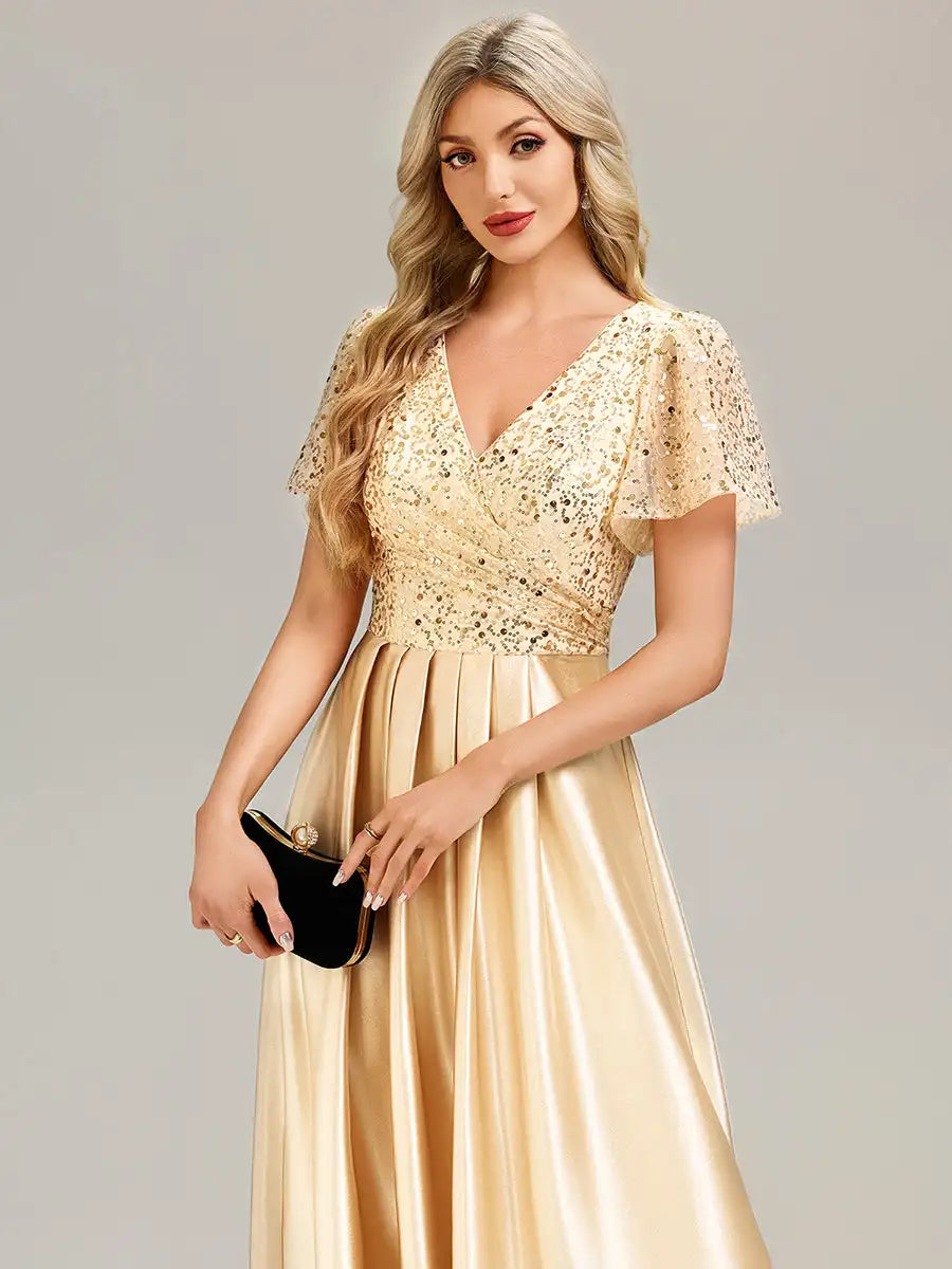 V-Neck Ruffle Applique Evening Dress