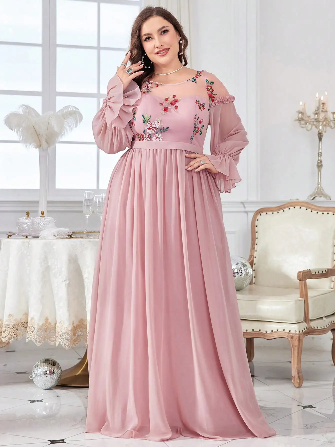 Plus Size Embroidered Chiffon Long Sleeve Dress